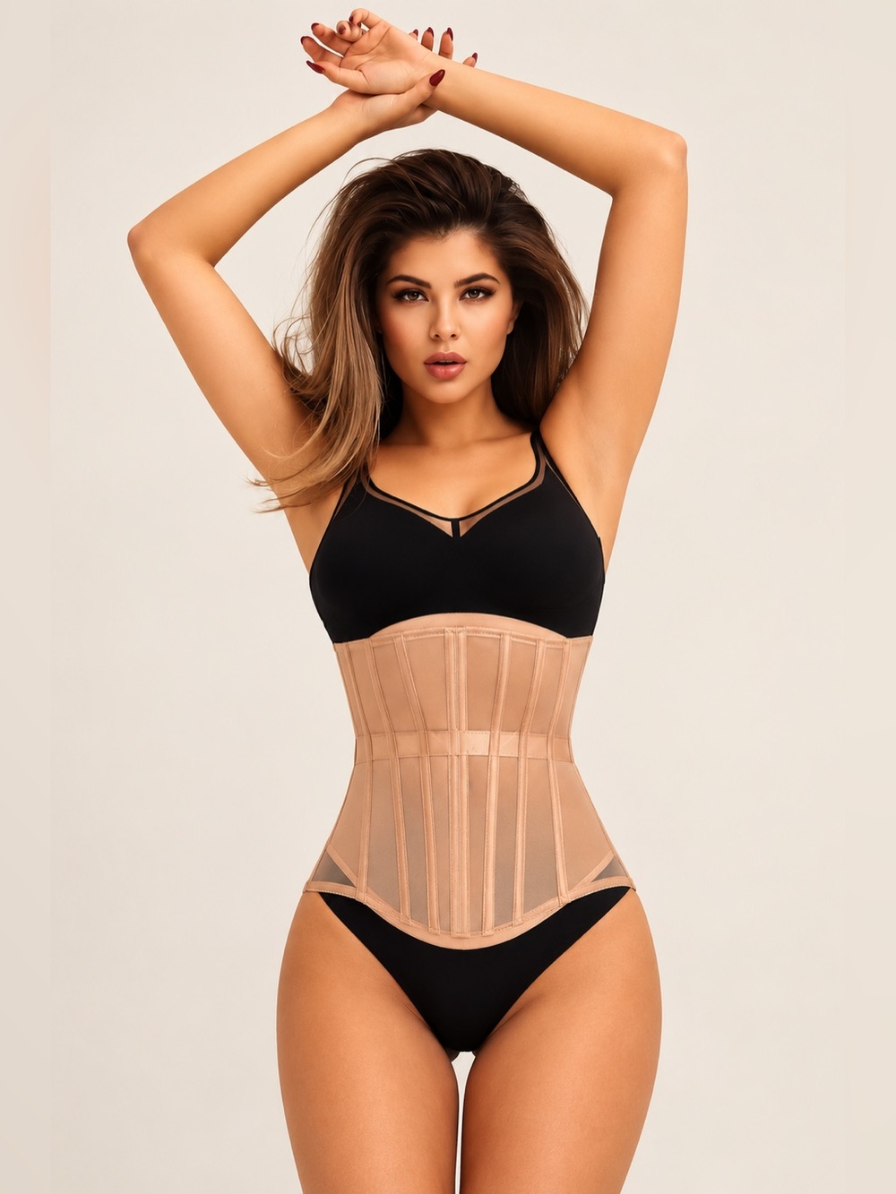 Victoria Secret Sheer Lace-Up High-Waist Shapewear Bodysuit corset nude Sz M